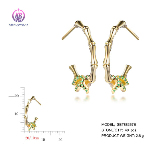 925 silver earrings with 14K gold plating emerald CZ SET88367E Kirin Jewelry