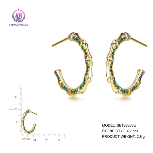 925 silver earrings with 14K gold plating emerald CZ SET88368E Kirin Jewelry