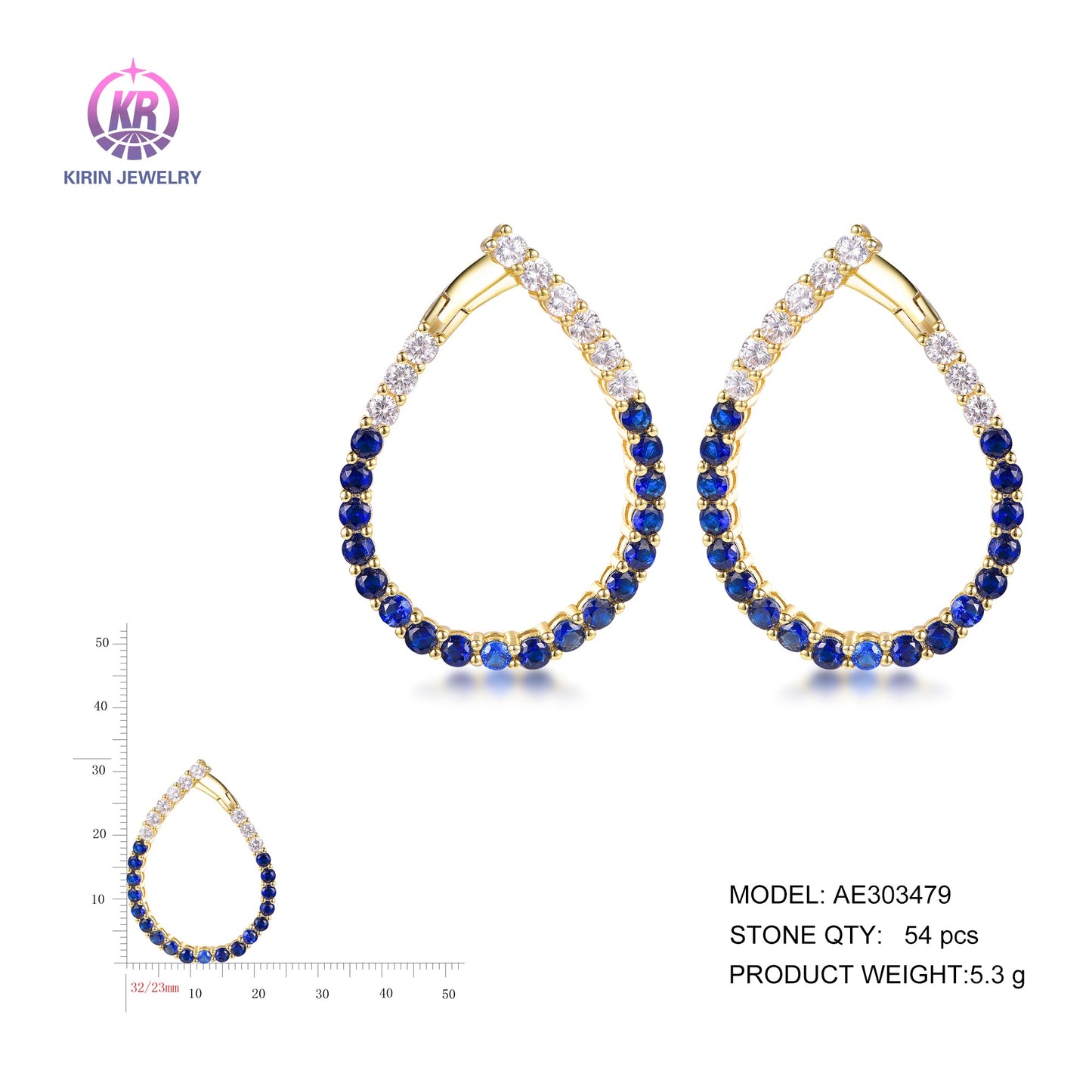 925 silver earrings with 14K gold plating sapphire CZ AE303479 Kirin Jewelry