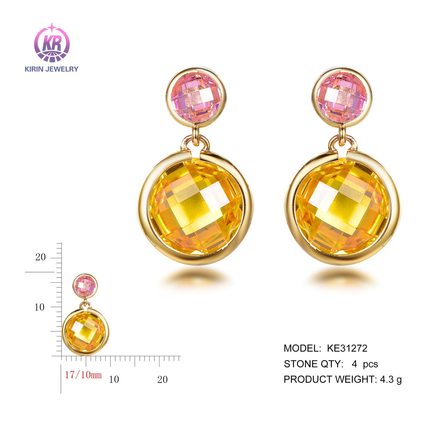 925 silver earrings with 14K gold plating yellow CZ KE31272 Kirin Jewelry