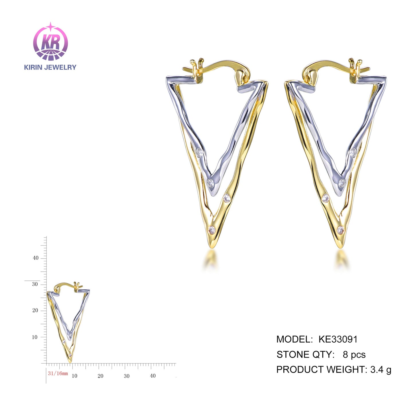 925 silver earrings with 2-tone plating rhodium and 14K gold CZ KE33091 Kirin Jewelry