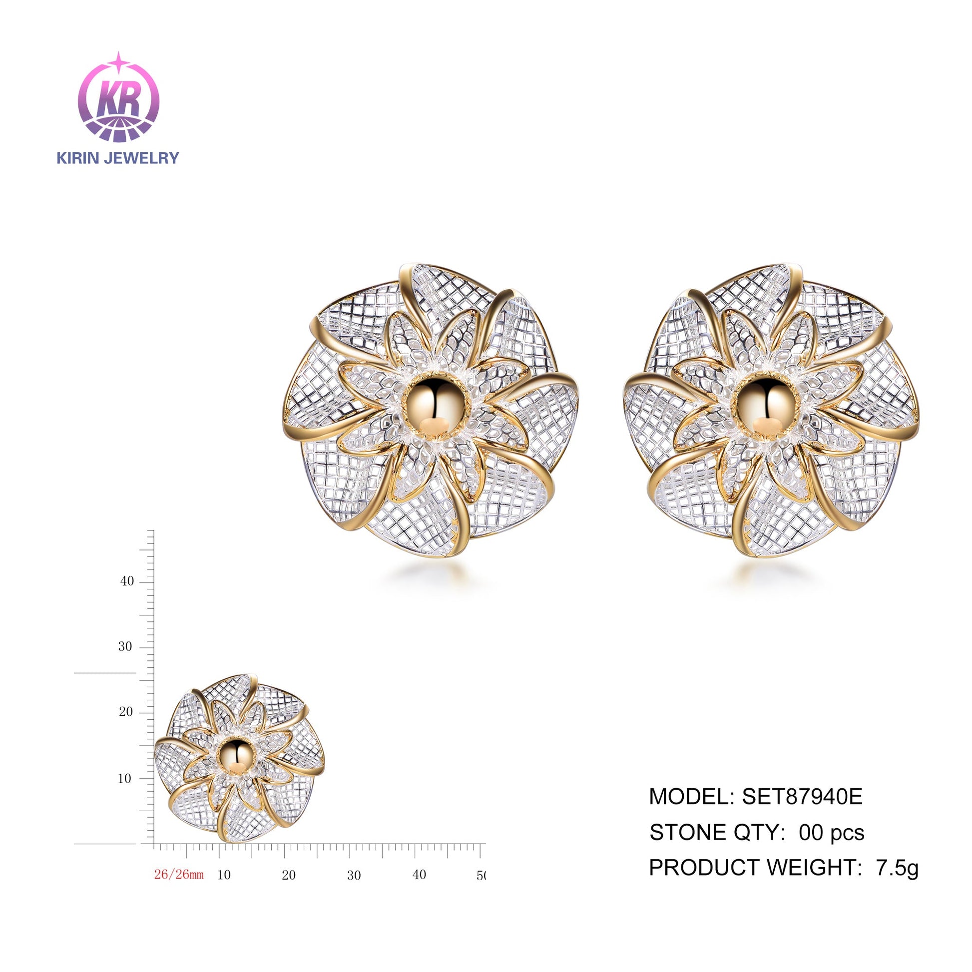 925 silver earrings with 2-tone plating rhodium and 14K gold SET87940E Kirin Jewelry