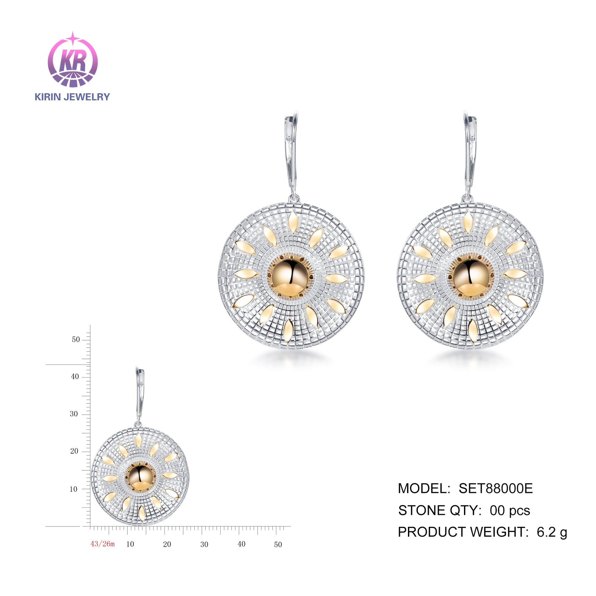 925 silver earrings with 2-tone plating rhodium and 14K gold SET88000E Kirin Jewelry