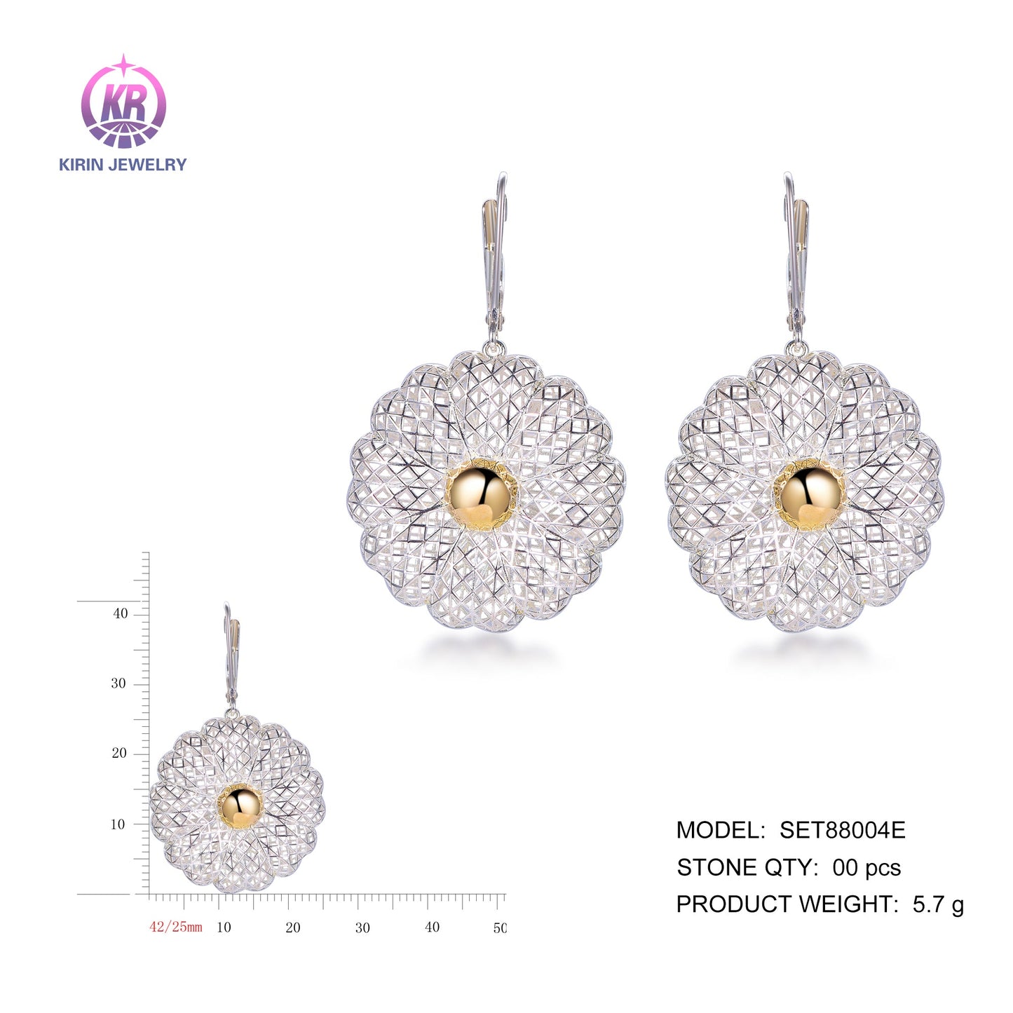 925 silver earrings with 2-tone plating rhodium and 14K gold SET88004E Kirin Jewelry