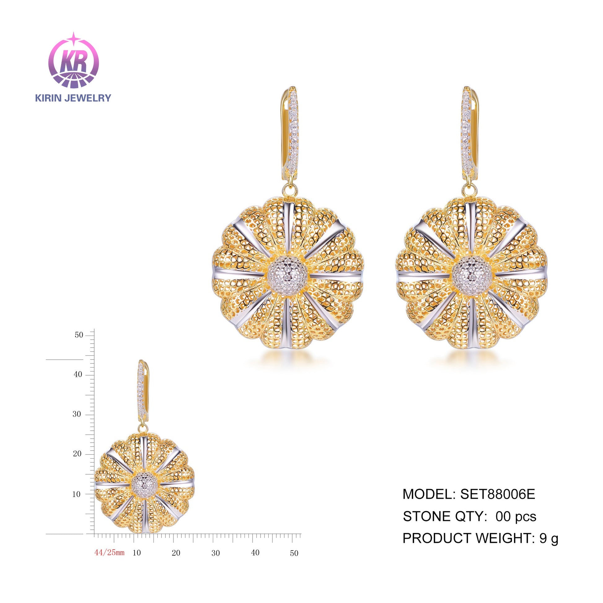 925 silver earrings with 2-tone plating rhodium and 14K gold SET88006E Kirin Jewelry