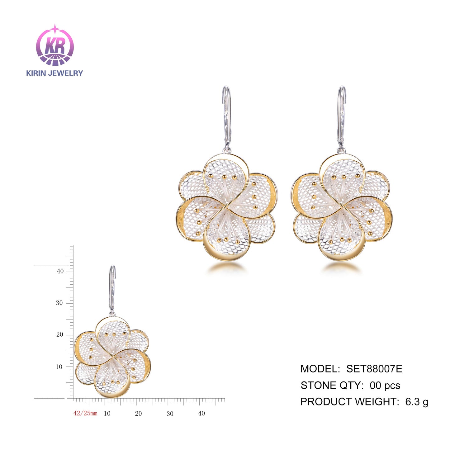 925 silver earrings with 2-tone plating rhodium and 14K gold SET88007E Kirin Jewelry