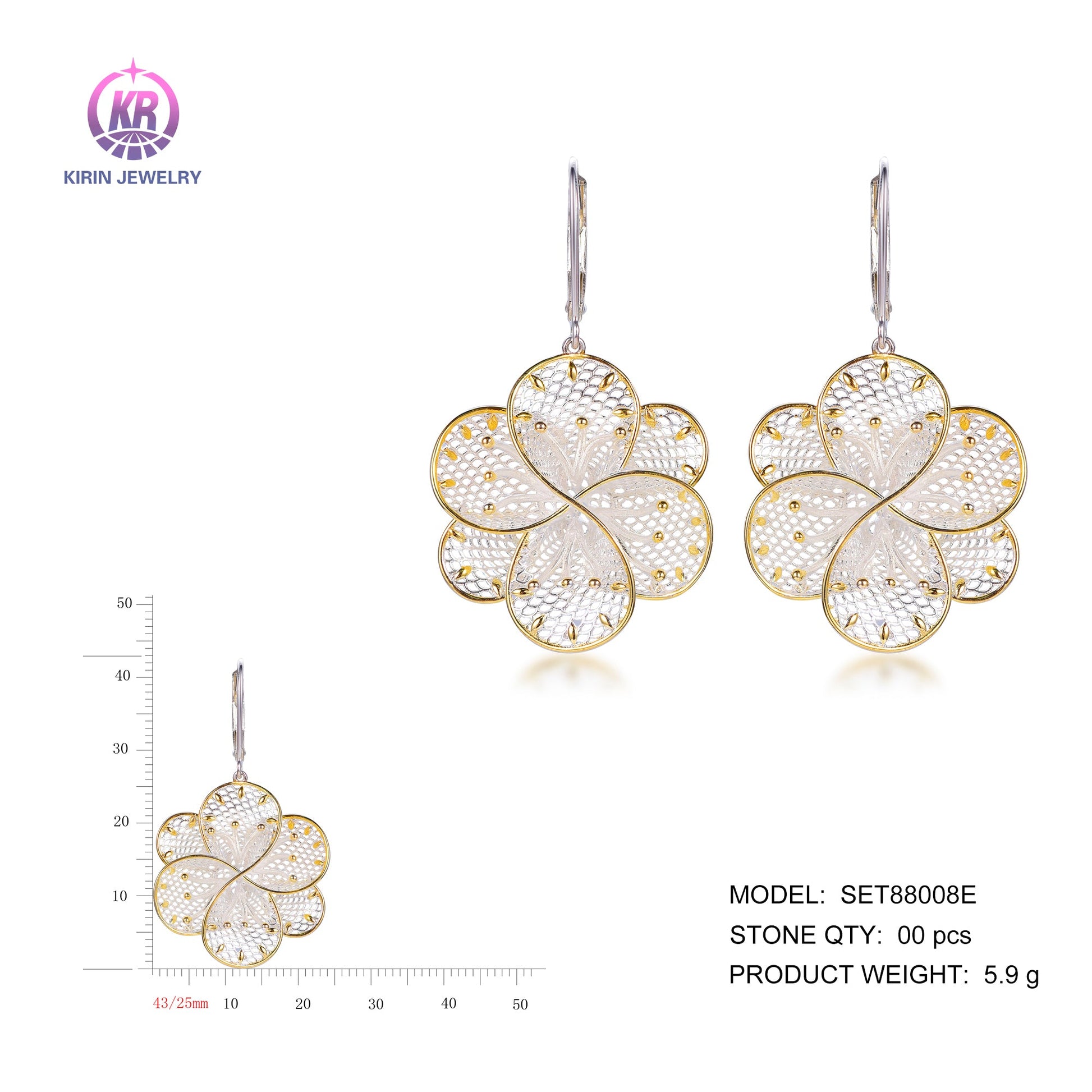 925 silver earrings with 2-tone plating rhodium and 14K gold SET88008E Kirin Jewelry