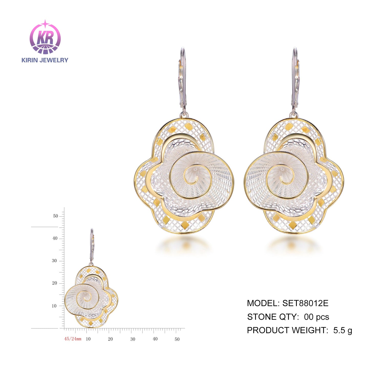 925 silver earrings with 2-tone plating rhodium and 14K gold SET88012E Kirin Jewelry