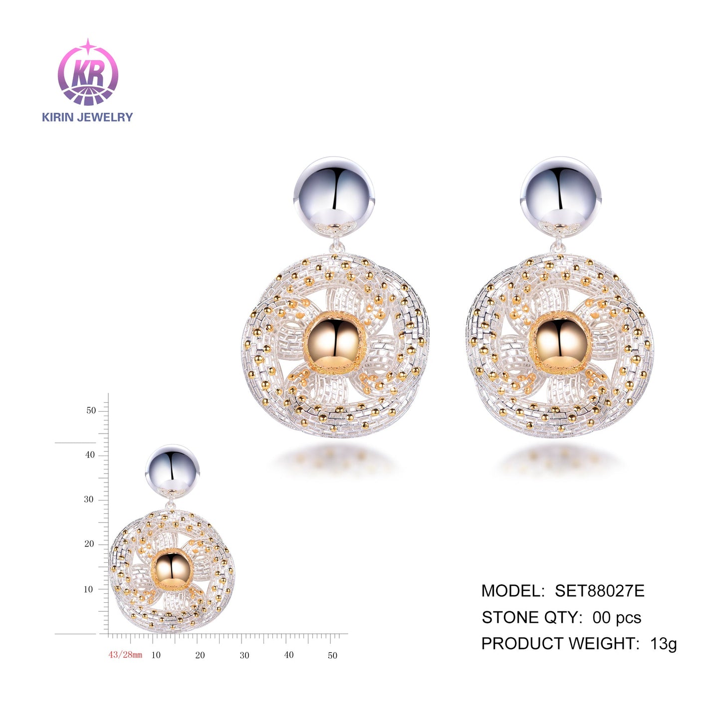 925 silver earrings with 2-tone plating rhodium and 14K gold SET88027E Kirin Jewelry