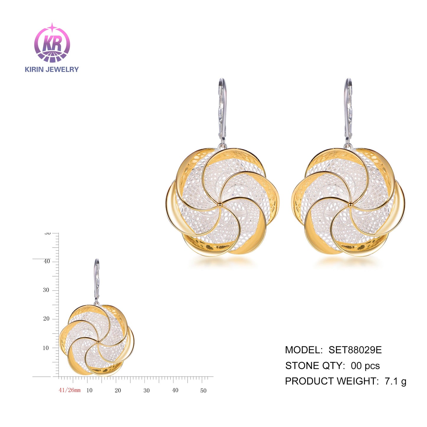 925 silver earrings with 2-tone plating rhodium and 14K gold SET88029E Kirin Jewelry