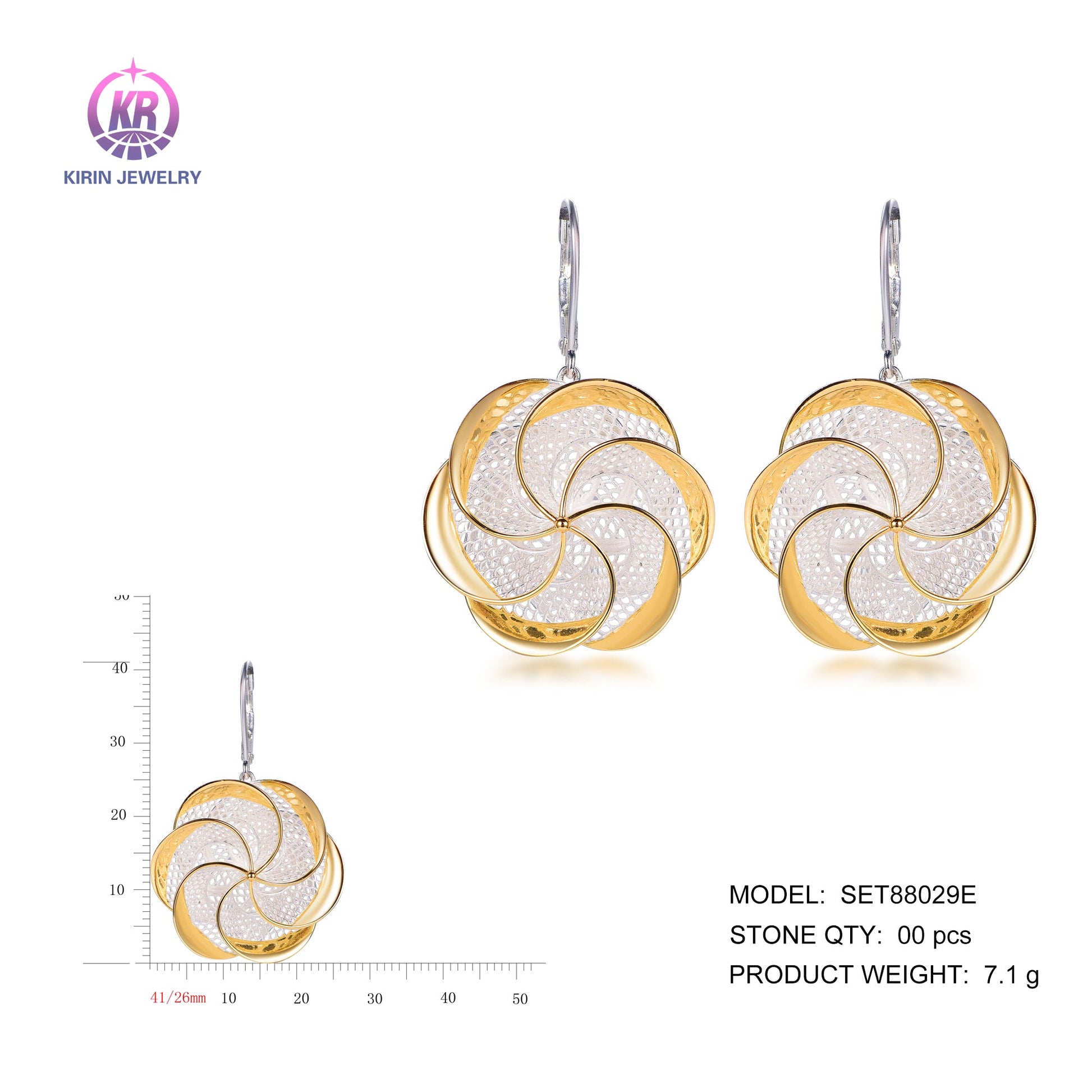 925 silver earrings with 2-tone plating rhodium and 14K gold SET88029E Kirin Jewelry