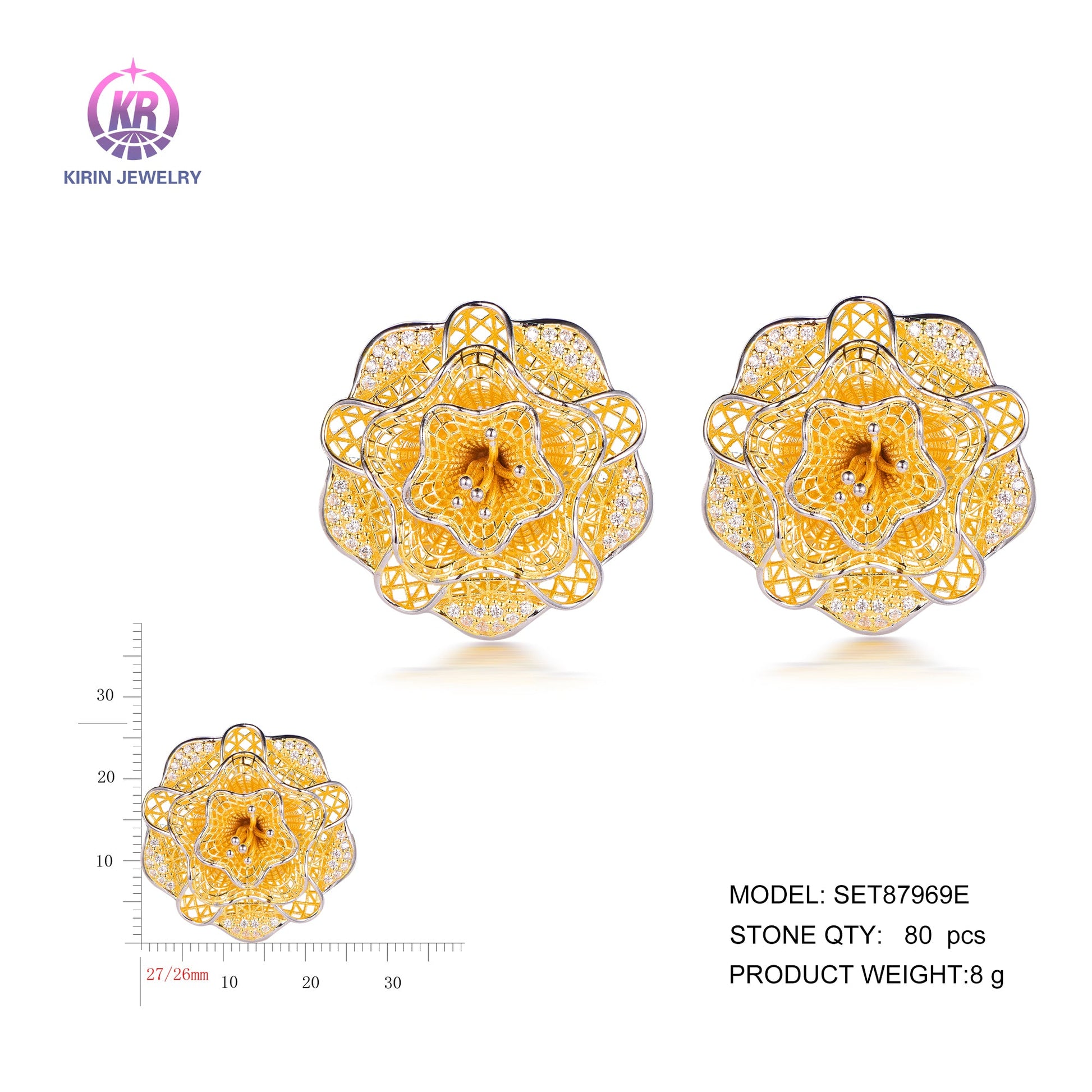 925 silver earrings with gold plated earrings 2-tone plating rhodium and 14K gold CZ set of earrings Kirin Jewelry