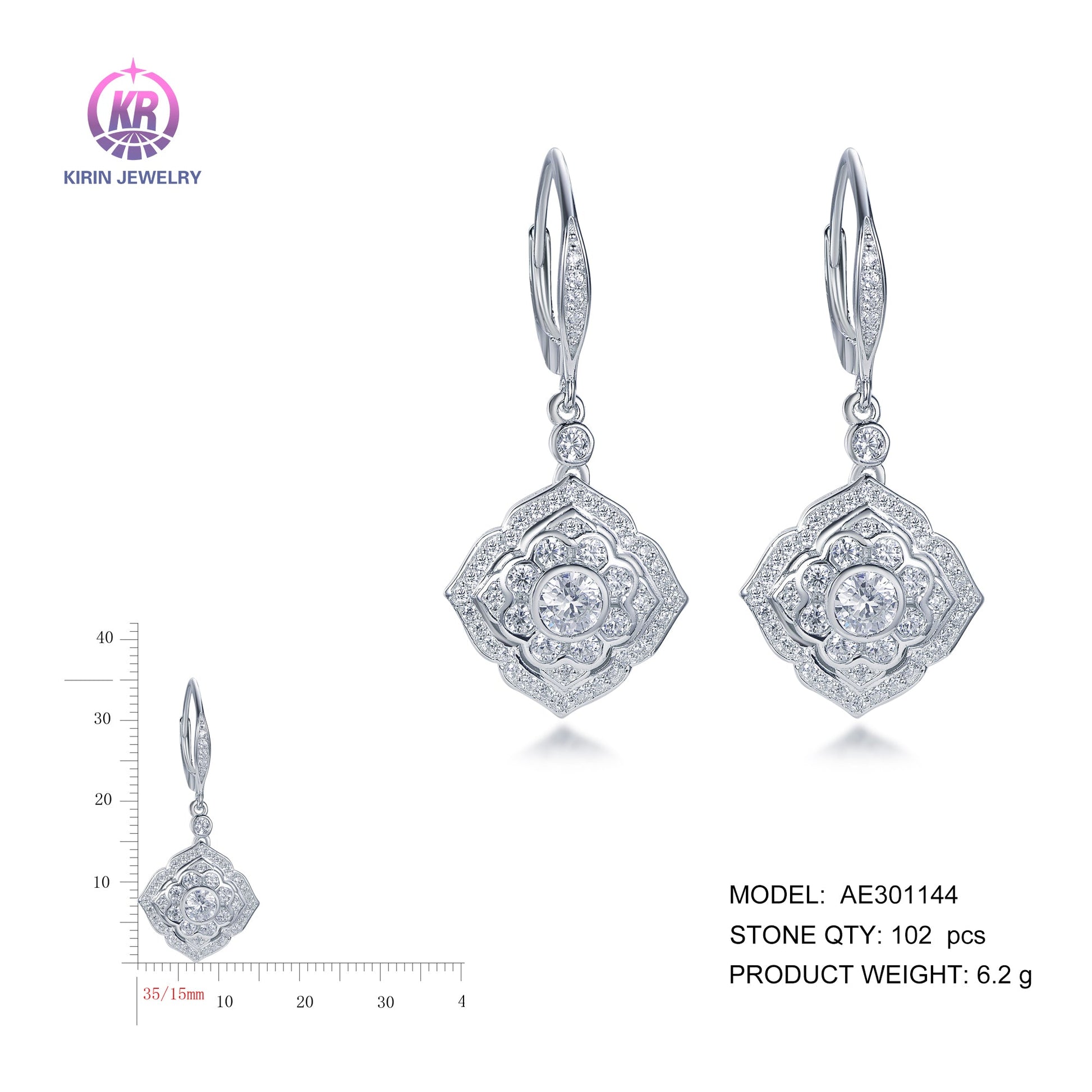 925 silver earrings with rhodium plating CZ AE301144 Kirin Jewelry