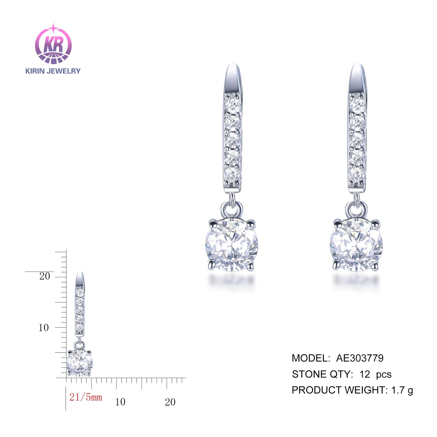 925 silver earrings with rhodium plating CZ AE303779 Kirin Jewelry