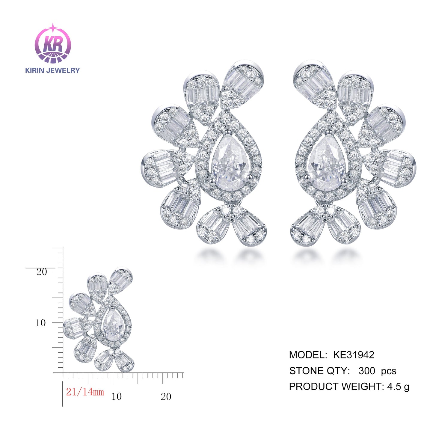 925 silver earrings with rhodium plating baguette CZ KE31942 Kirin Jewelry