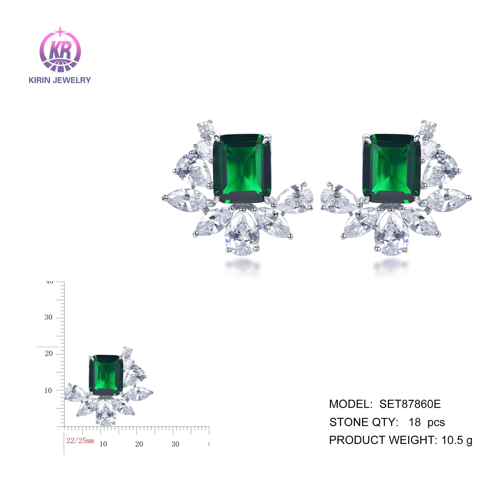 925 silver earrings with rhodium plating emerald CZ SET87860E Kirin Jewelry