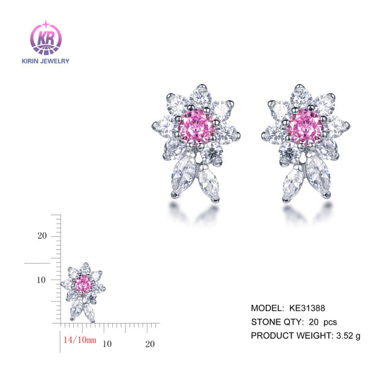 925 silver earrings with rhodium plating pink CZ KE31388 Kirin Jewelry