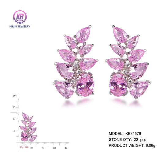 925 silver earrings with rhodium plating pink CZ KE31576 Kirin Jewelry