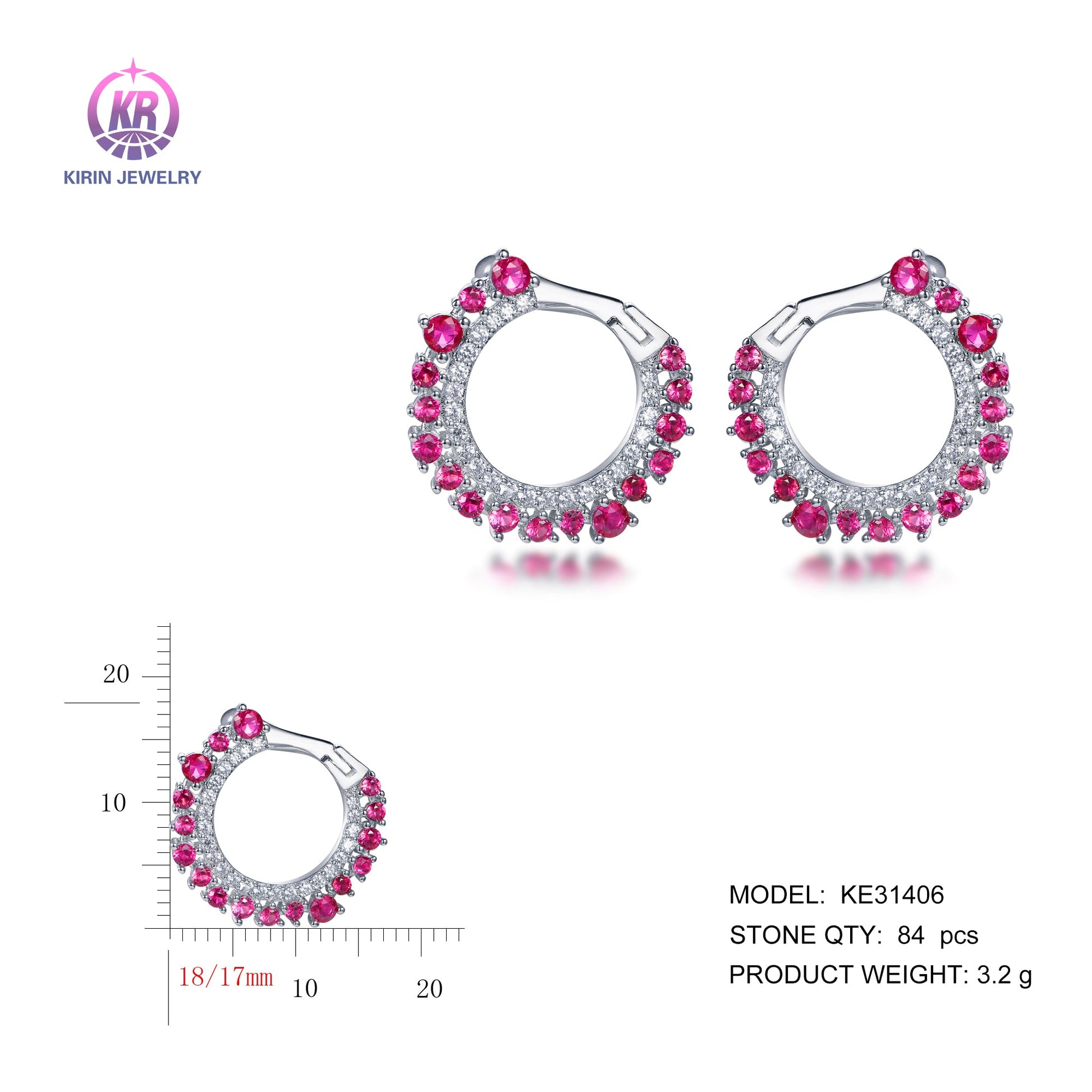 925 silver earrings with rhodium plating ruby CZ KE31406 Kirin Jewelry