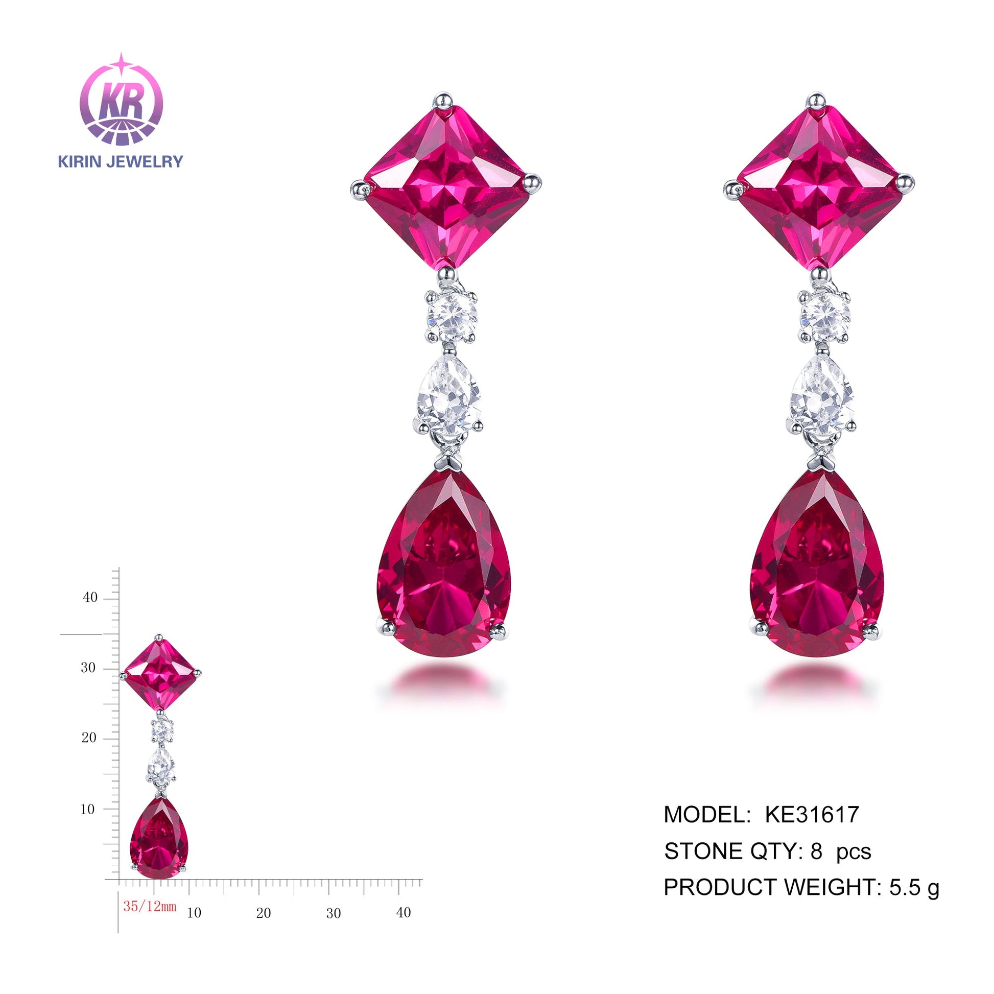 925 silver earrings with rhodium plating ruby CZ KE31617 Kirin Jewelry