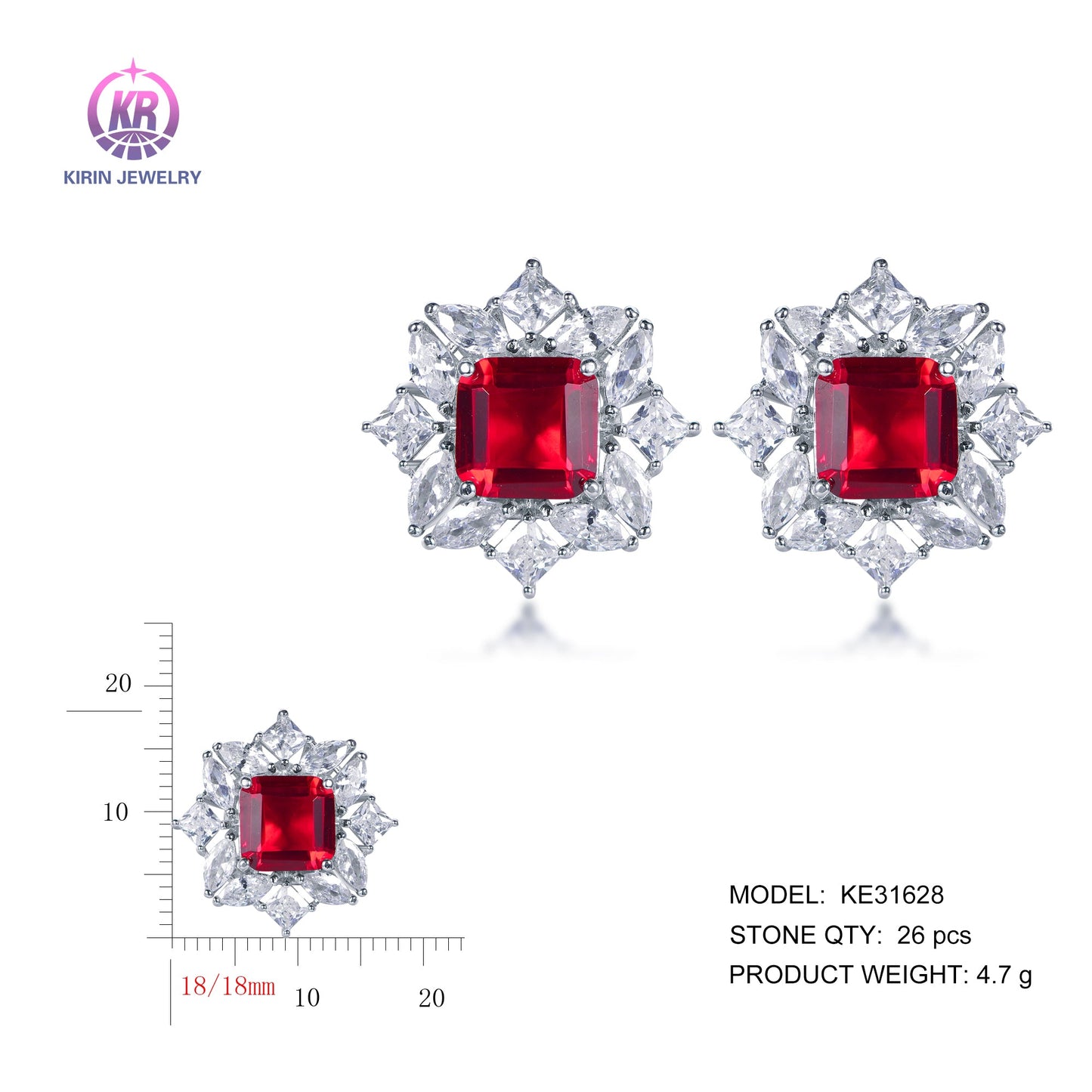 925 silver earrings with rhodium plating ruby CZ KE31628 Kirin Jewelry