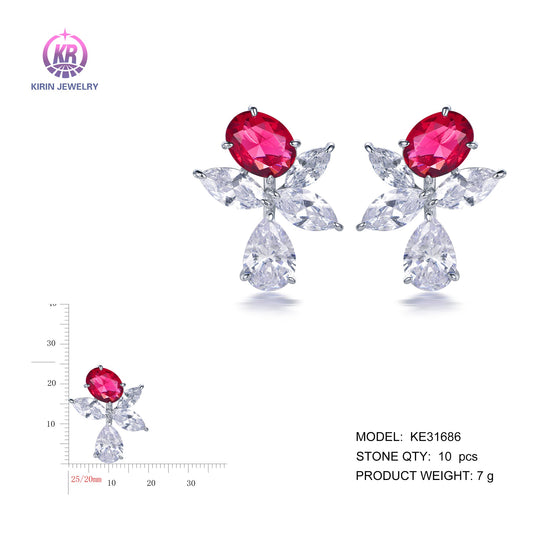 925 silver earrings with rhodium plating ruby CZ KE31686 Kirin Jewelry