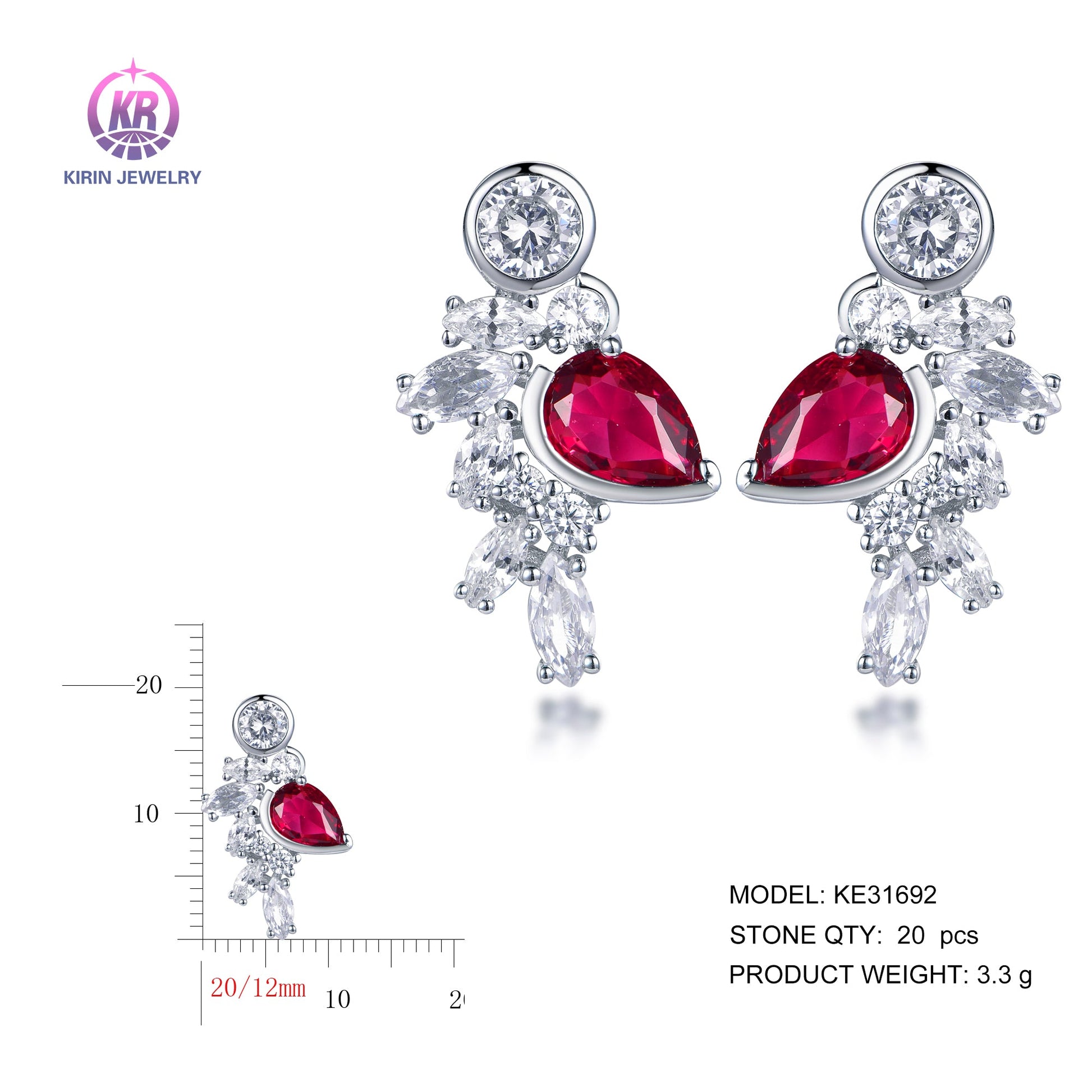 925 silver earrings with rhodium plating ruby CZ KE31692 Kirin Jewelry