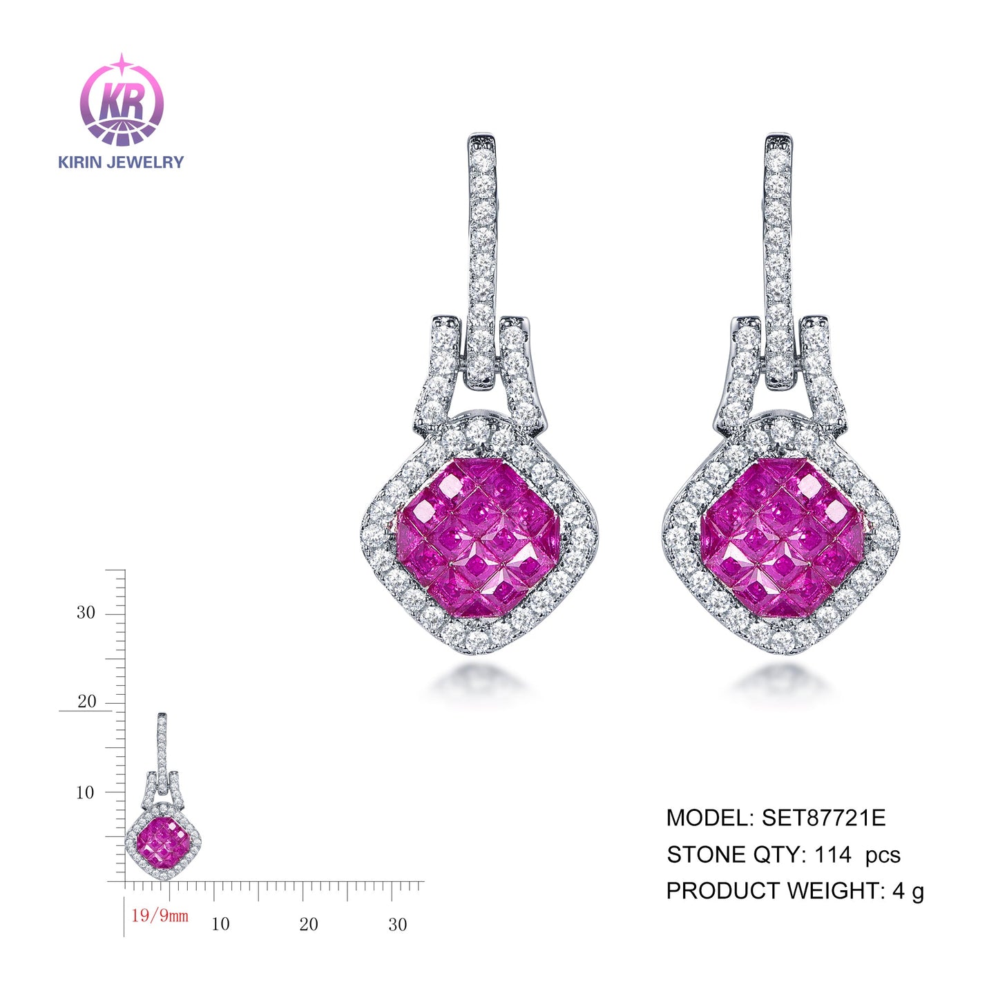 925 silver earrings with rhodium plating ruby CZ SET87721E Kirin Jewelry