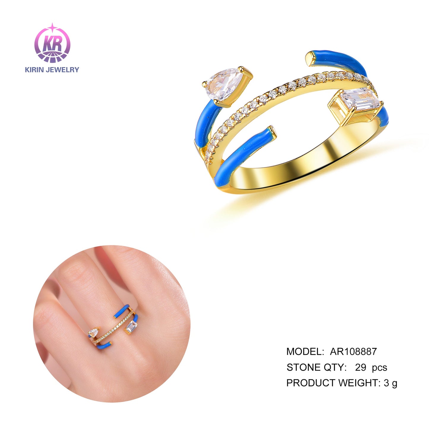 925 silver enamel ring with 14K gold plating CZ 108887 Kirin Jewelry