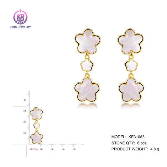 925 silver flower drop earrings with 14K gold plating white shell CZ KE31083 Kirin Jewelry