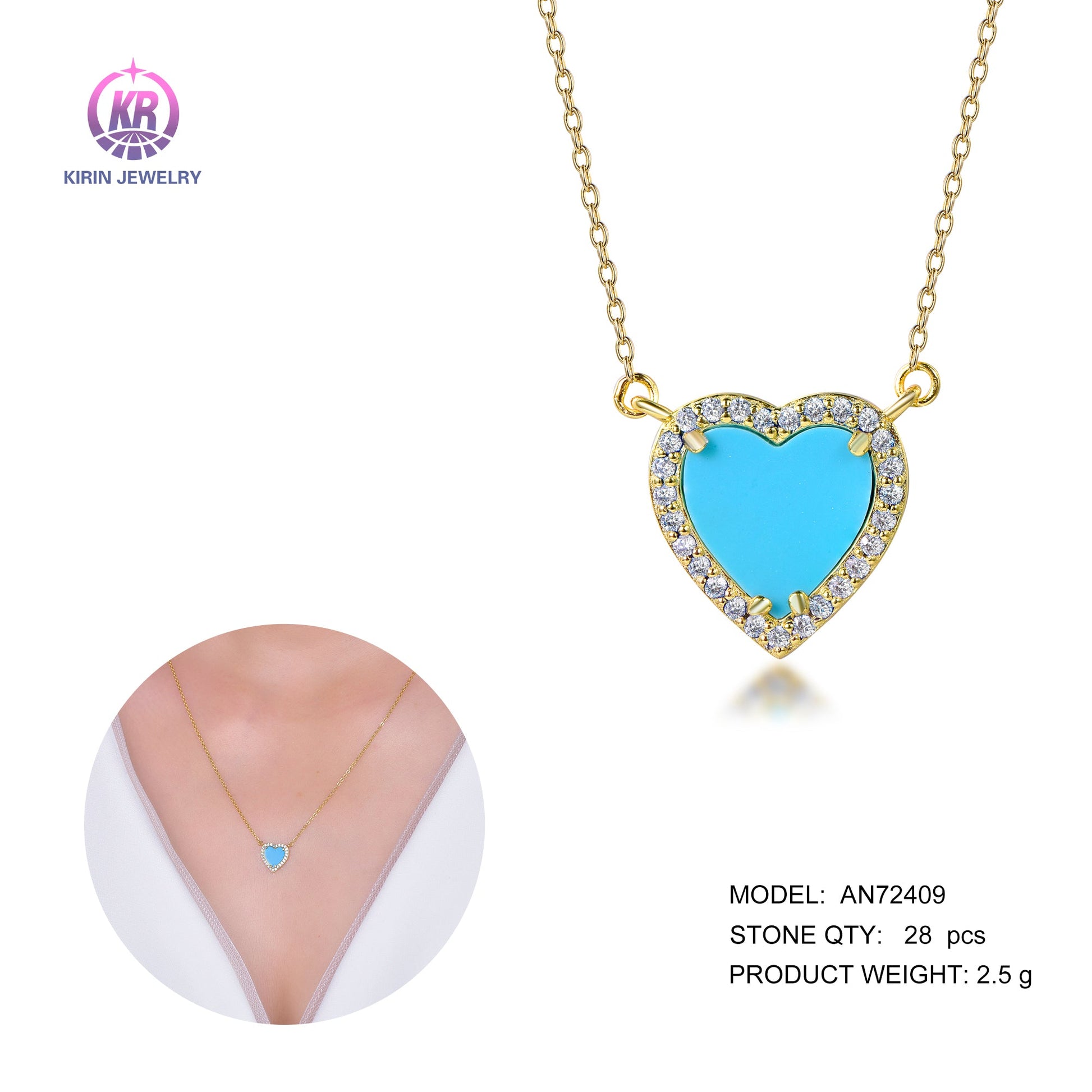 925 silver heart shaped necklace with 14K gold plating CZ 72409 Kirin Jewelry