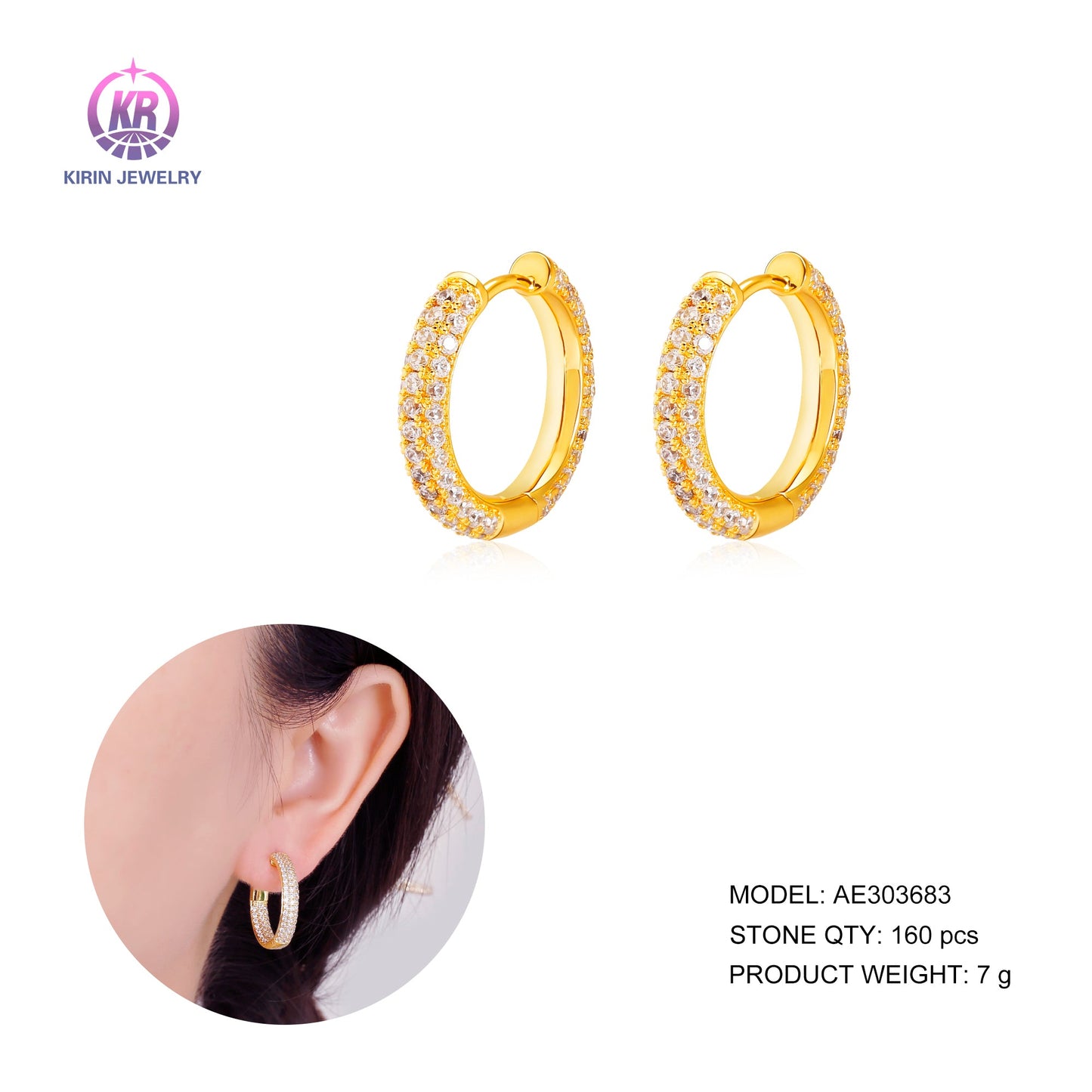 925 silver hoop earring with 14K gold plating CZ 303683 Kirin Jewelry