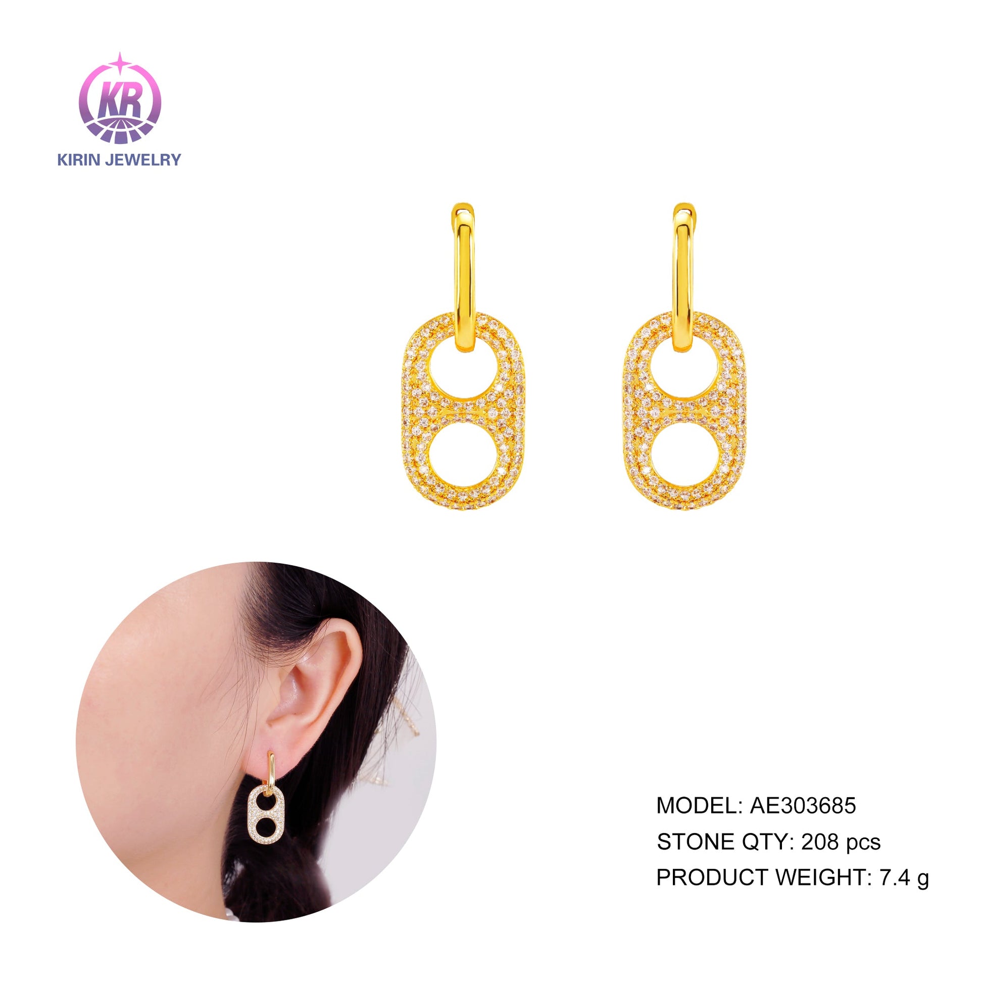 925 silver huggie earring with 14K gold plating CZ 303685 Kirin Jewelry