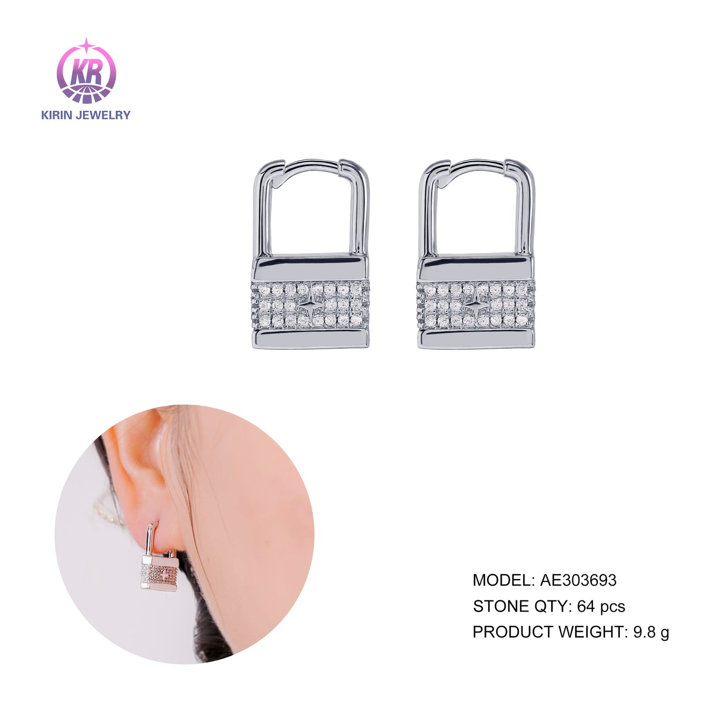 925 silver lock earring with CZ 303693 Kirin Jewelry