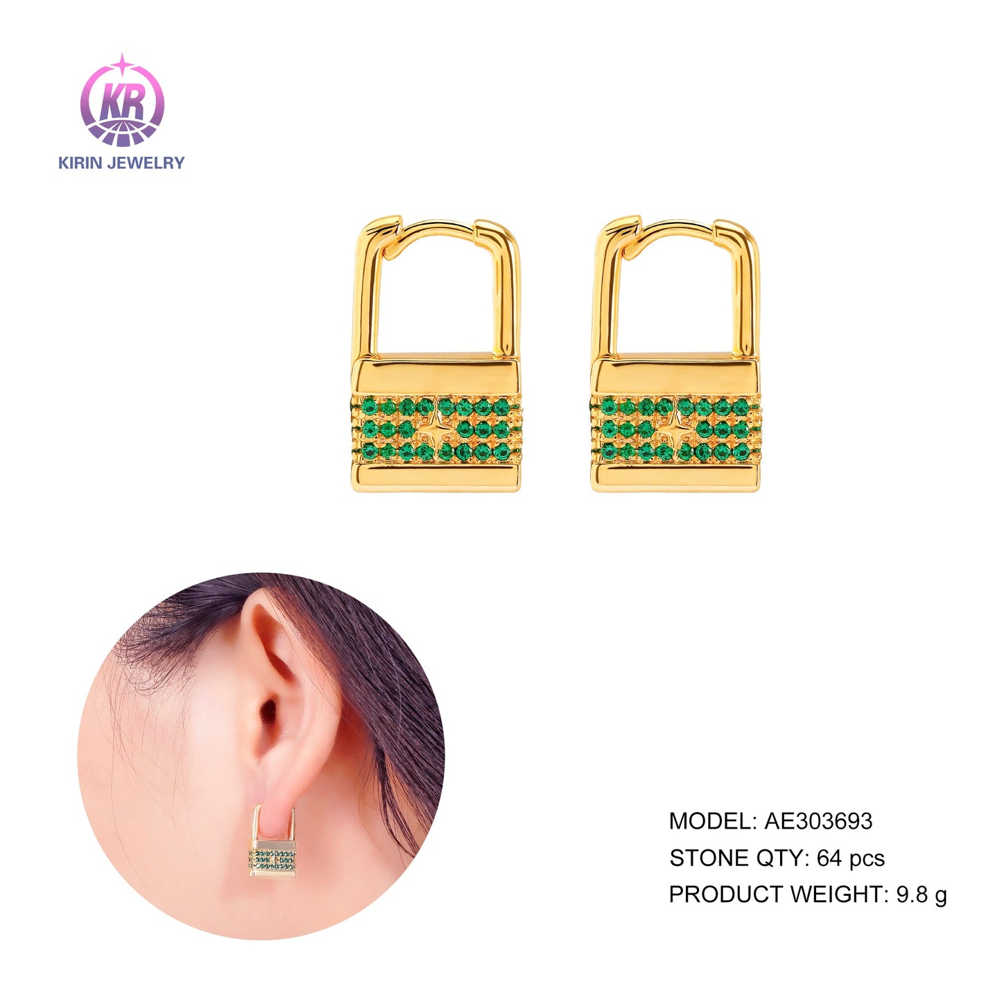 925 silver lock earring with CZ 303693 Kirin Jewelry