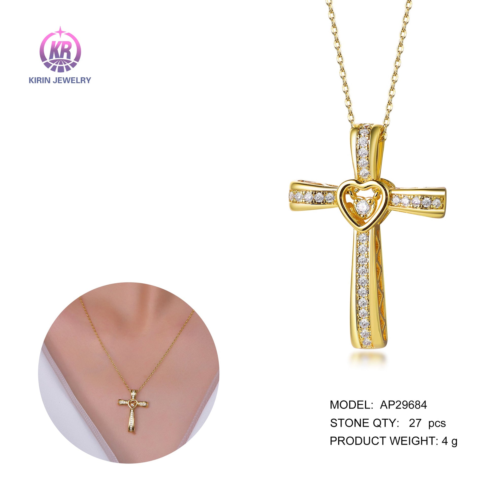 925 silver necklace with 14K gold plating Cross Necklace CZ 29684 Kirin Jewelry