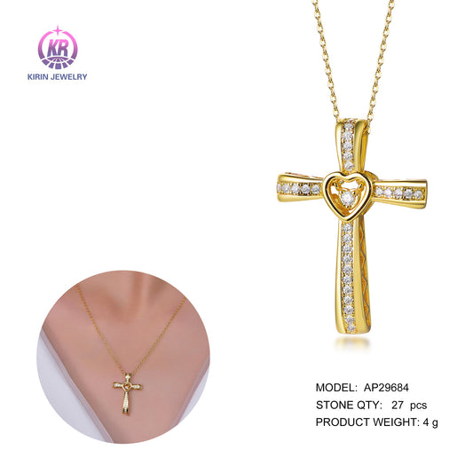 925 silver necklace with 14K gold plating Cross Necklace CZ 29684 Kirin Jewelry