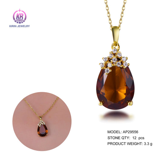 925 silver necklace with 14K gold plating coffee color CZ 29556 Kirin Jewelry