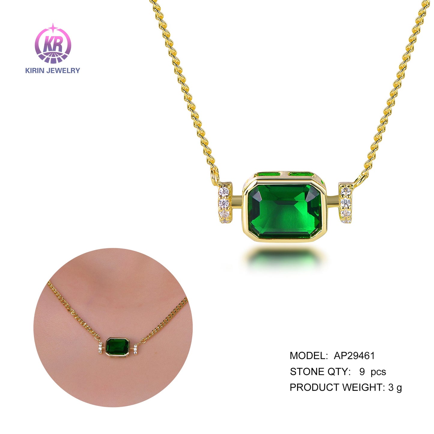 925 silver necklace with 14K gold plating emerald CZ 29461 Kirin Jewelry