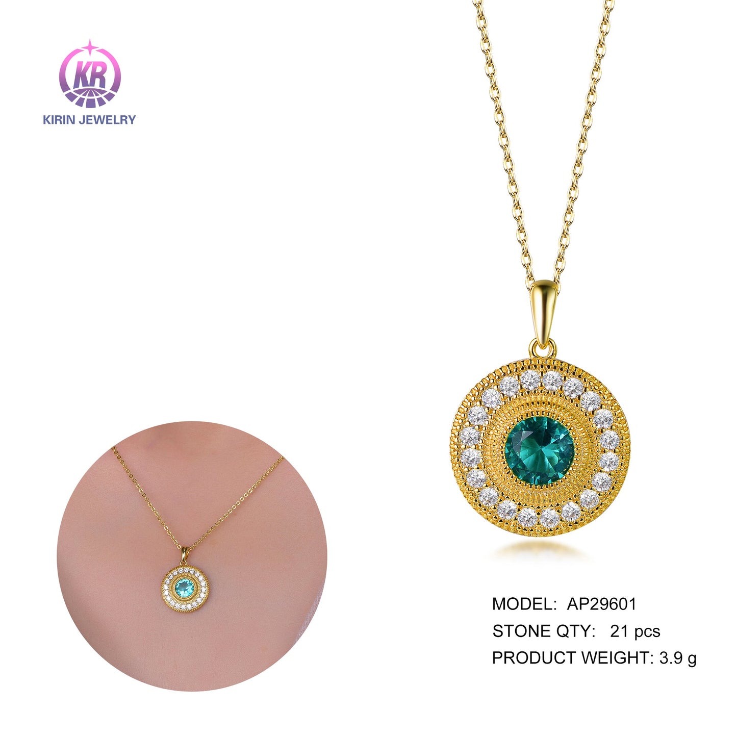 925 silver necklace with 14K gold plating emerald CZ 29601 Kirin Jewelry