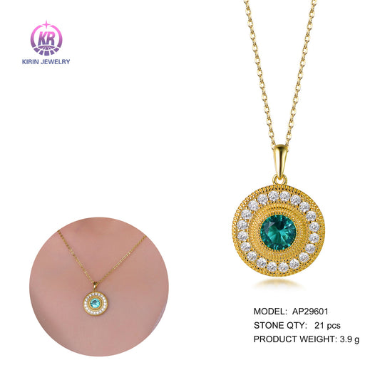 925 silver necklace with 14K gold plating emerald CZ 29601 Kirin Jewelry