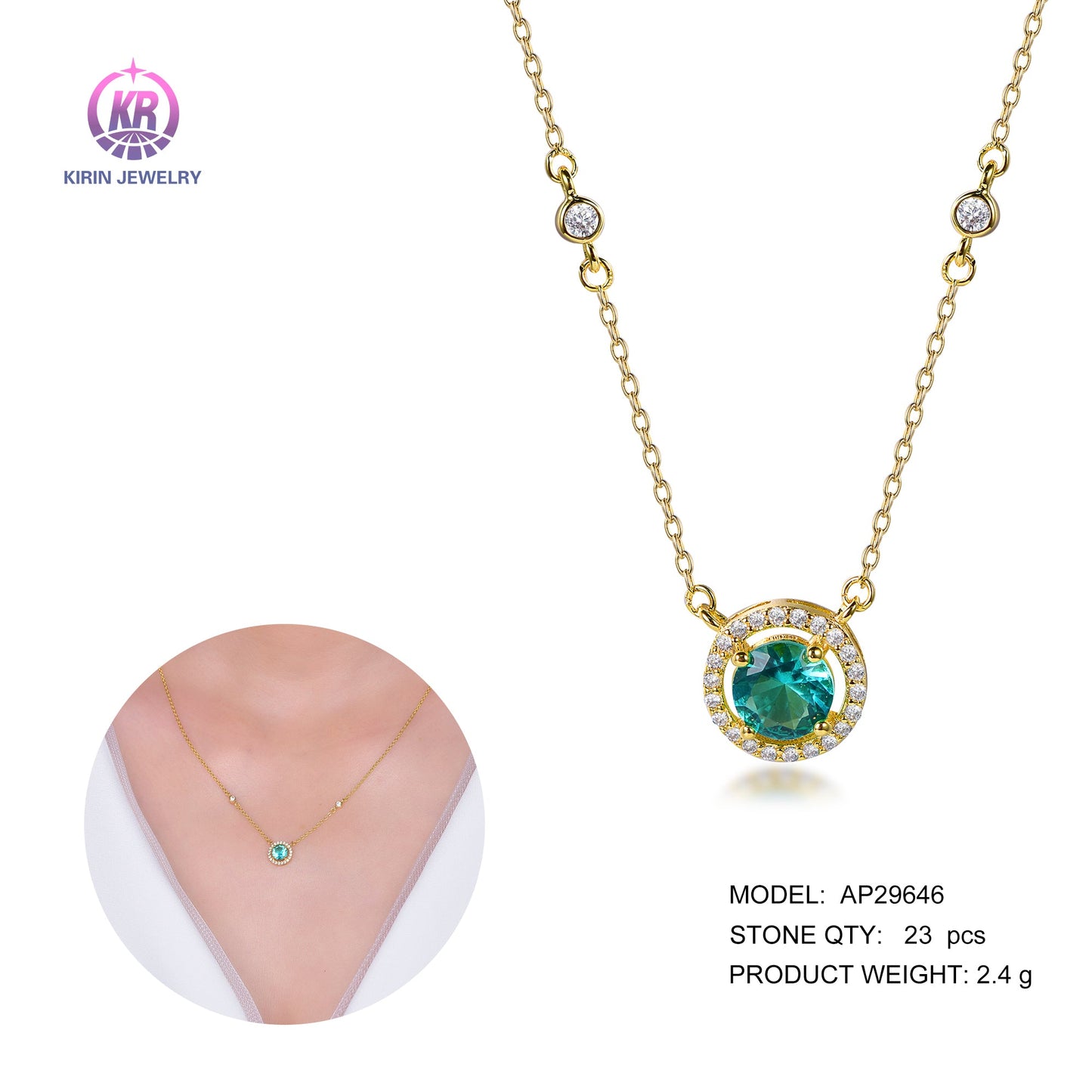 925 silver necklace with 14K gold plating emerald CZ 29646 Kirin Jewelry