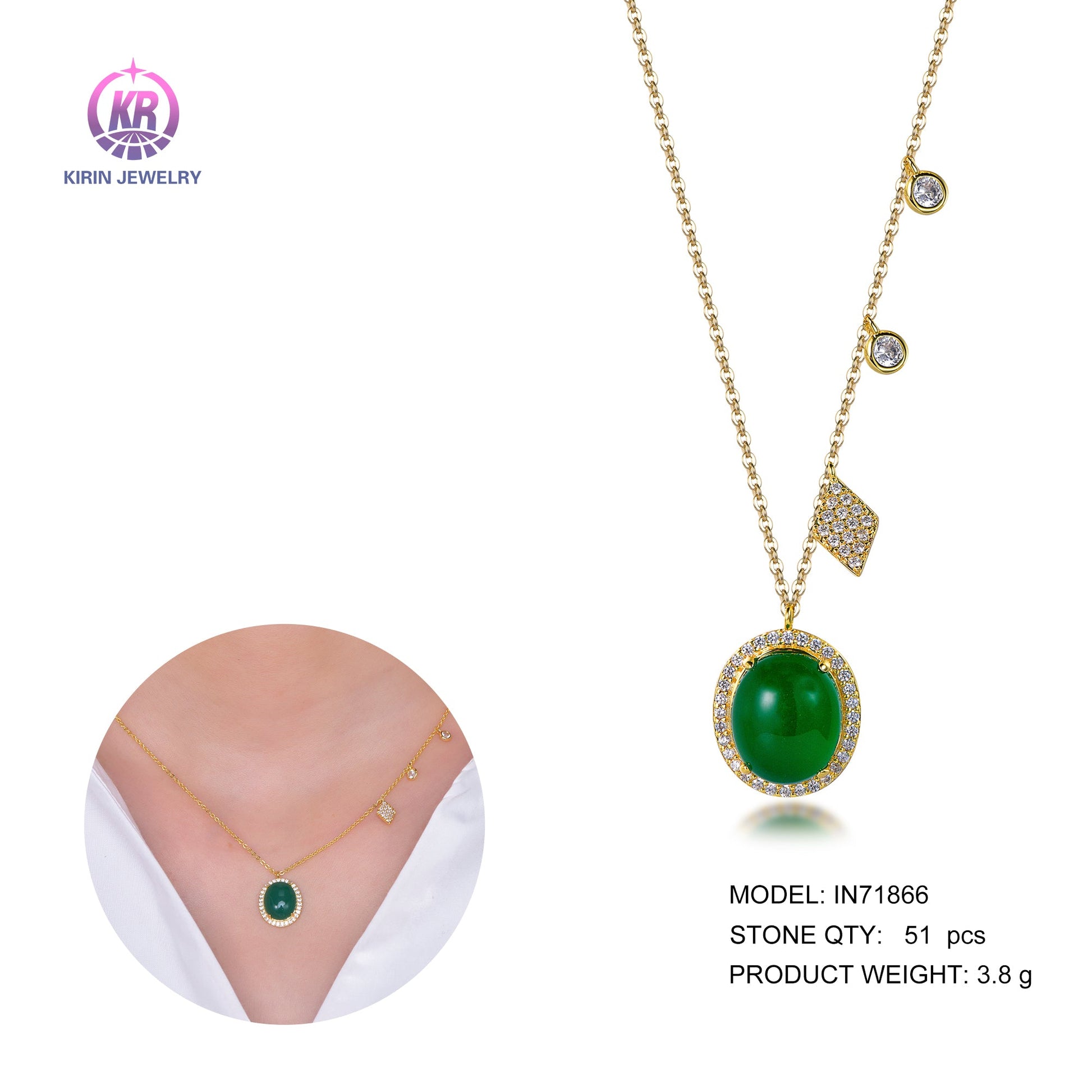 925 silver necklace with 14K gold plating emerald CZ 71866 Kirin Jewelry