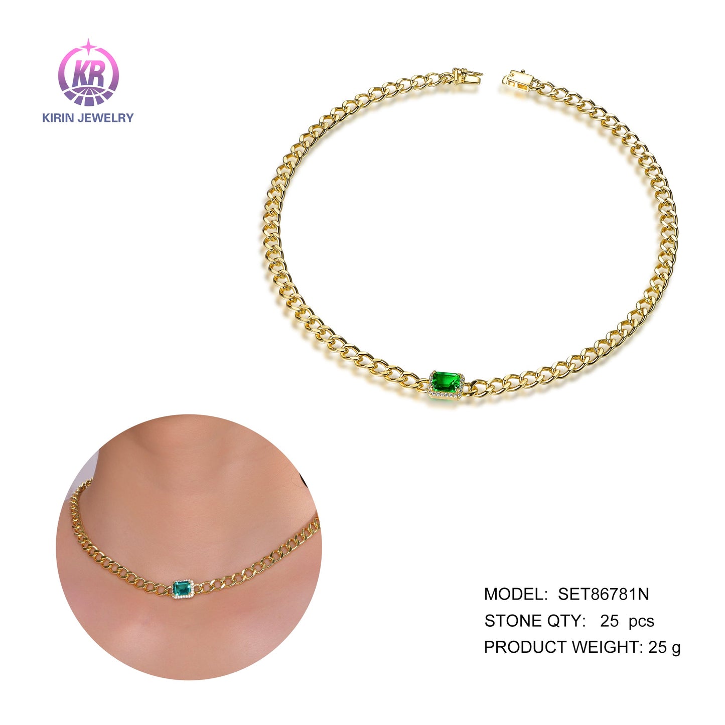 925 silver necklace with 14K gold plating emerald CZ 86781 Kirin Jewelry