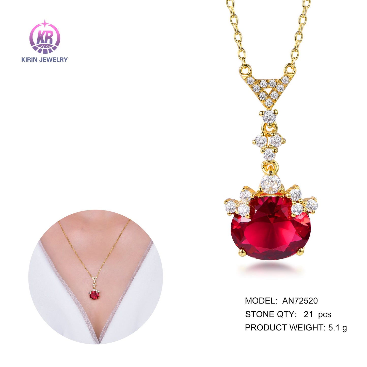 925 silver necklace with 14K gold plating ruby CZ 72520 Kirin Jewelry