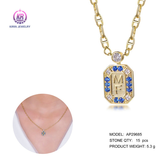 925 silver necklace with 14K gold plating sapphire CZ 29685 Kirin Jewelry