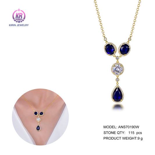 925 silver necklace with 14K gold plating sapphire CZ 70190 Kirin Jewelry