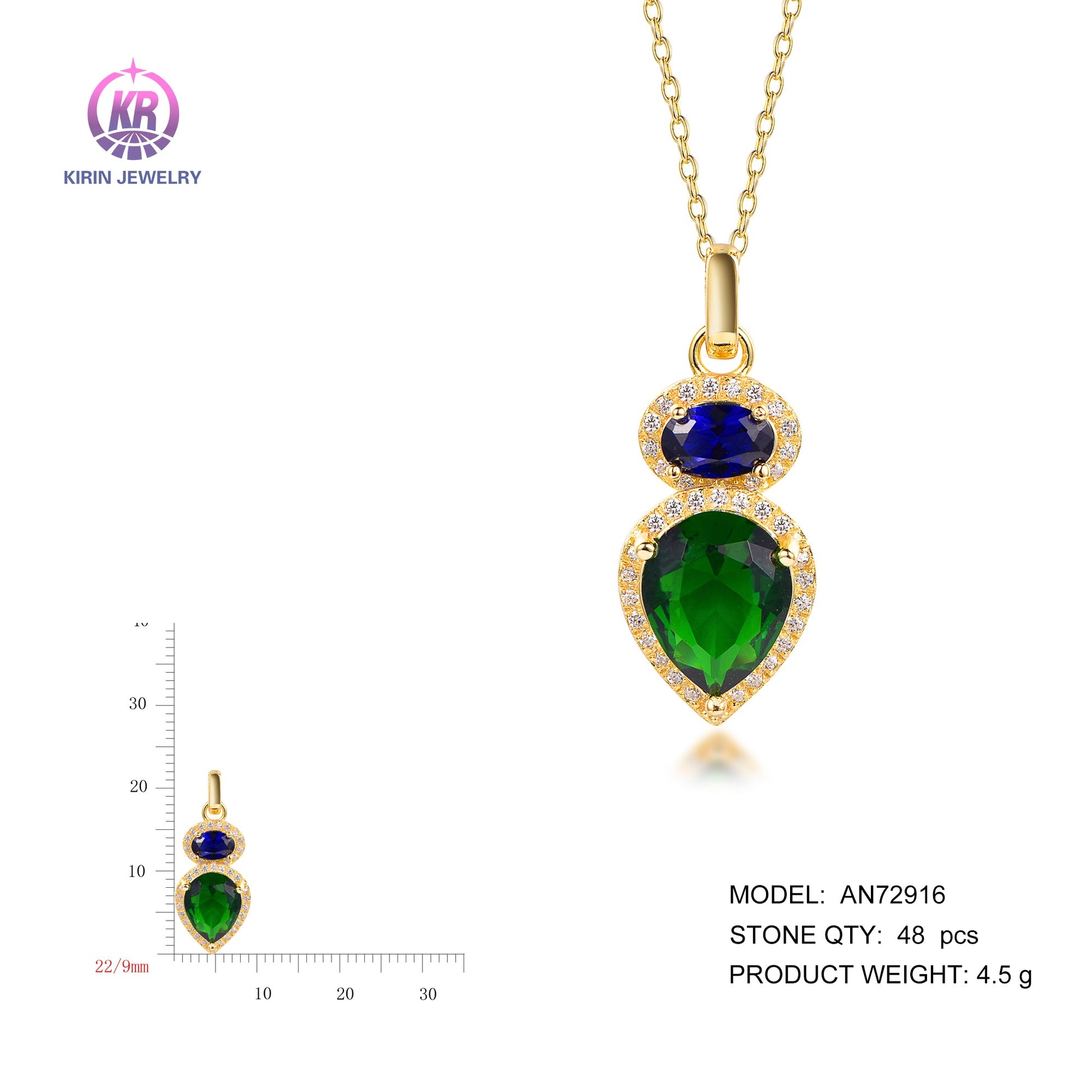 925 silver necklace with 14K gold plating sapphire emerald CZ 72916 Kirin Jewelry