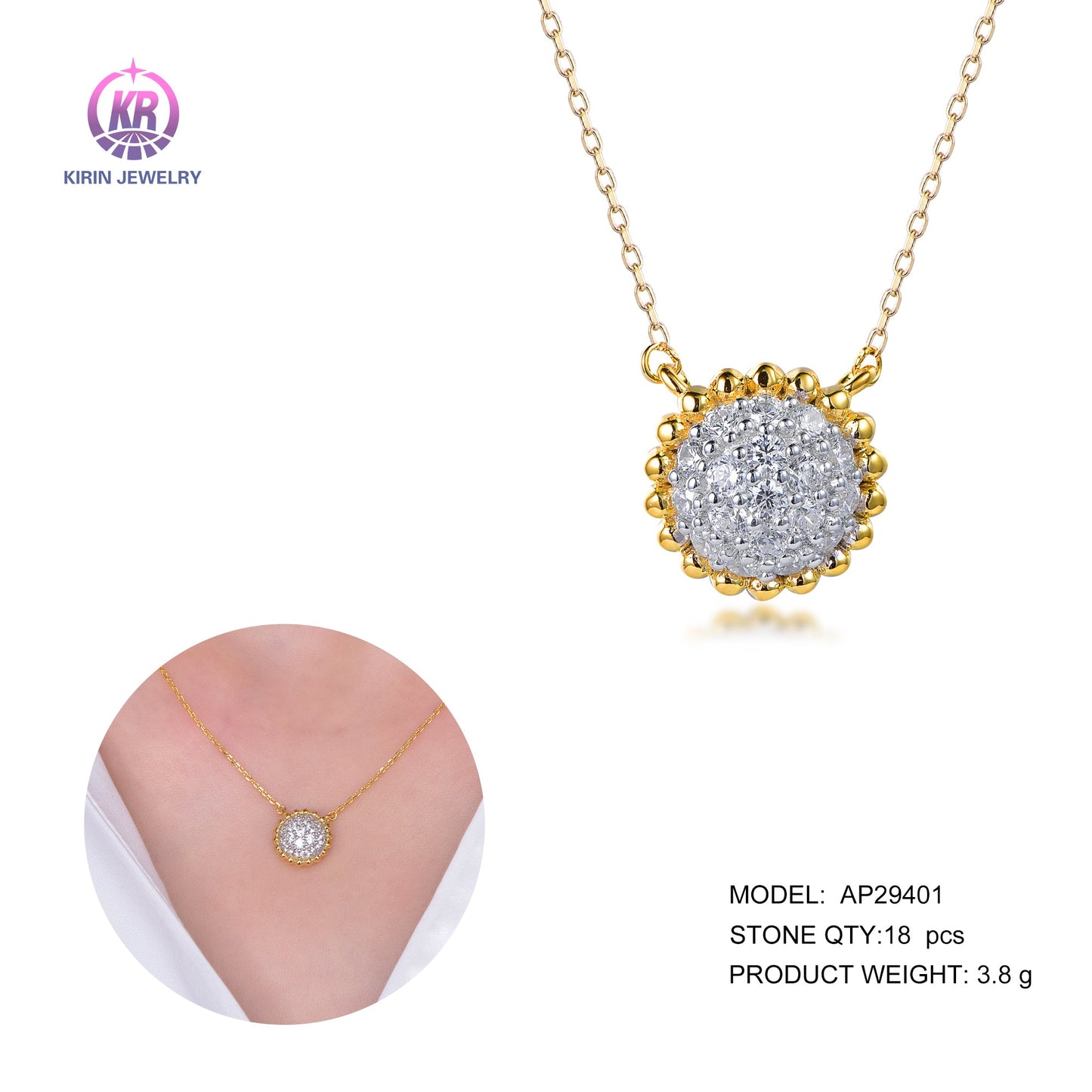 925 silver necklace with 14k gold plating CZ 29401 Kirin Jewelry