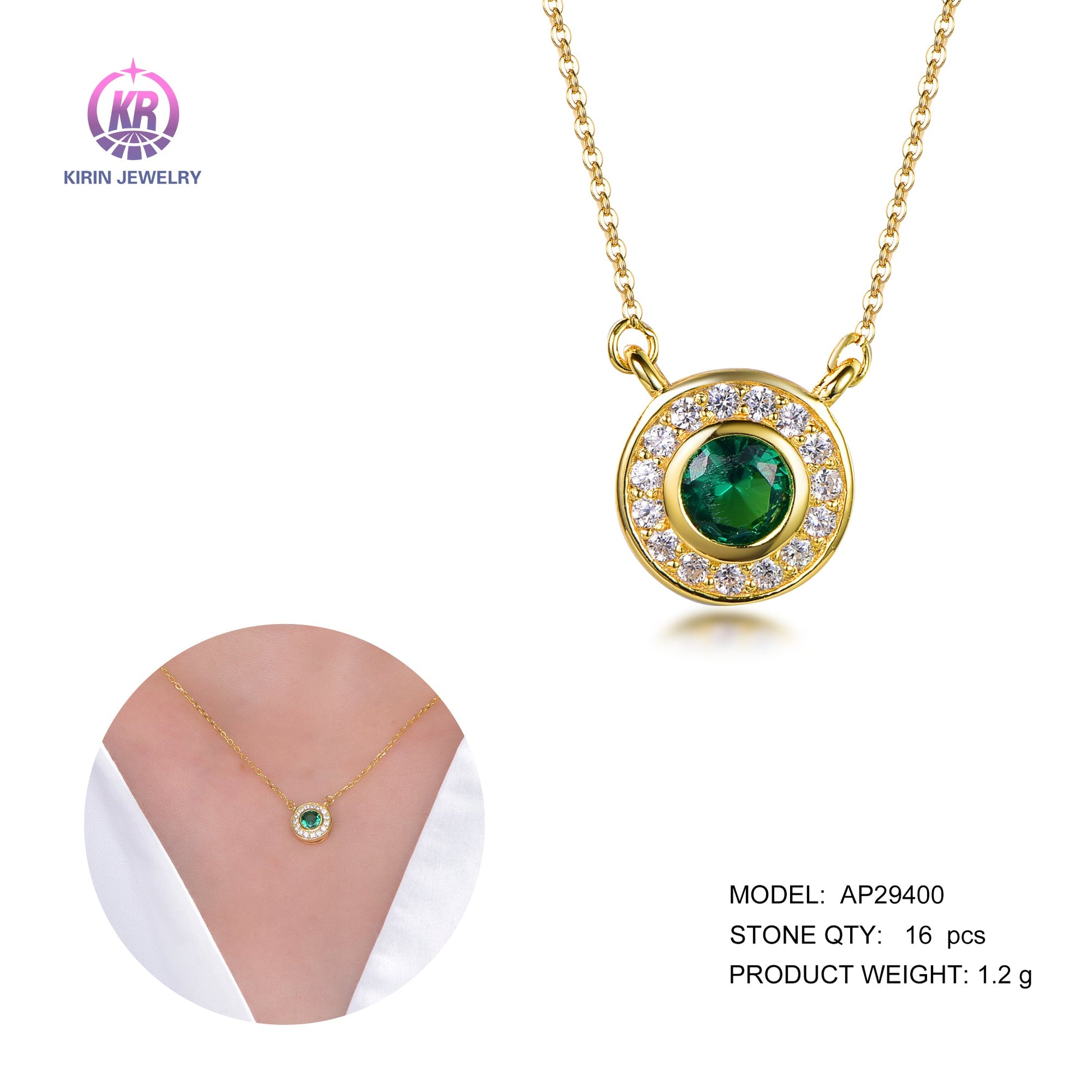 925 silver necklace with 14k gold plating emerald CZ 29400 Kirin Jewelry